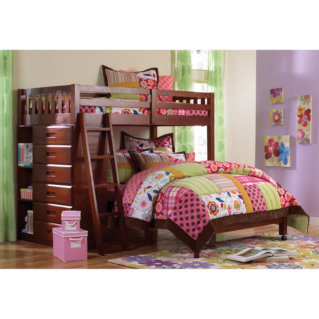 Merlot Finished Twin-over Roll about Full Loft Bed with 6-drawer Chest