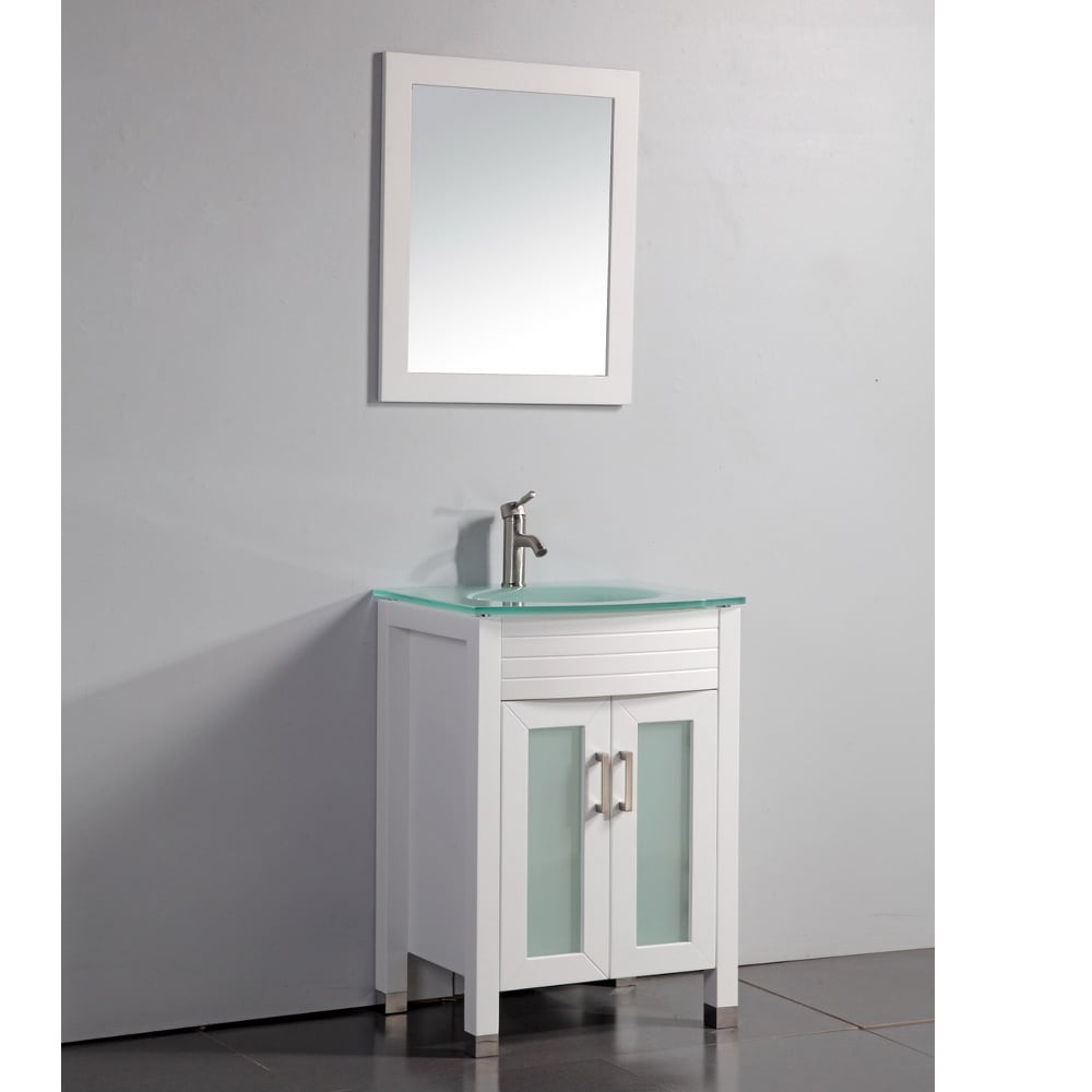 White Finish Tempered Glass Top 24 Inch Bathroom Vanity With Matching Framed Mirror And F Overstock 9193315