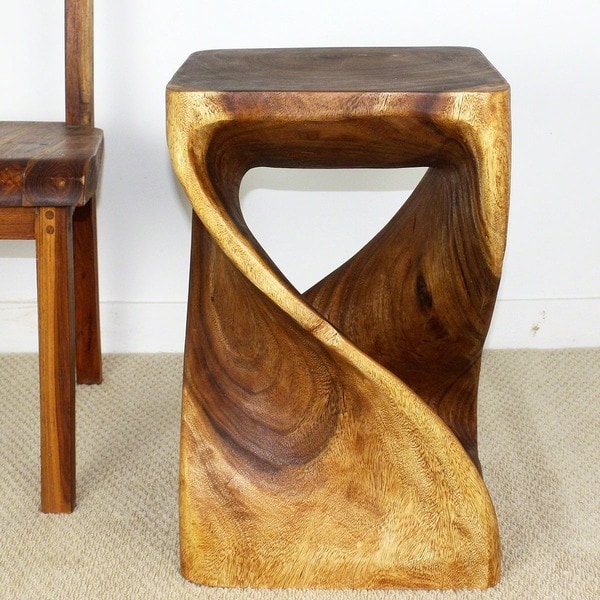 Hand carved 23 inch Walnut Oiled Acacia Wood Twist Stool Thailand)