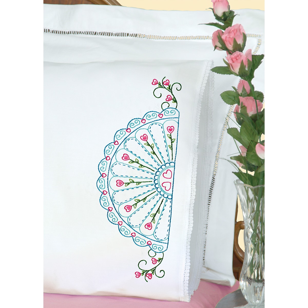 Stamped Pillowcases With White Lace Edge 2/pkg fan