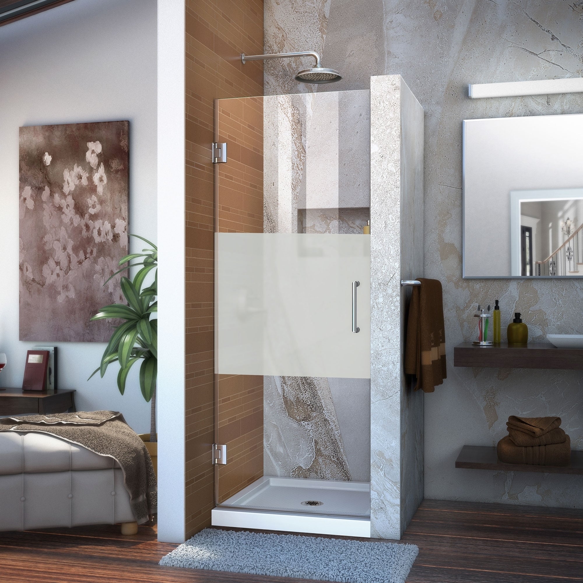 Dreamline Unidoor 28 In. W X 72 In. H Frameless Hinged Shower Door, Half Frosted Glass