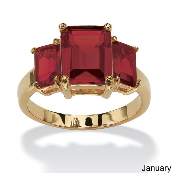 Shop Emerald-Cut Triple Birthstone Gold-Plated Ring - On Sale - Free ...