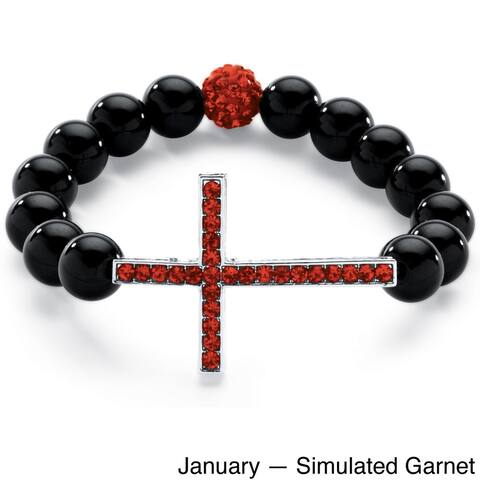 Genuine Onyx Horizontal Birthstone Cross Beaded Stretch Bracelet in Silvertone 8" Color Fu