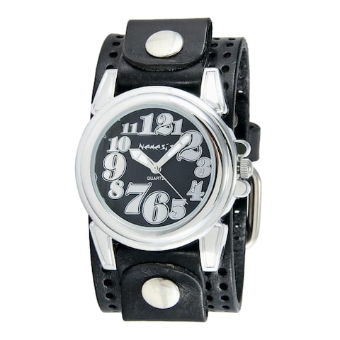 Nemesis Women's Silver/Black Trendy Oversized Watch with Black Perforated Leather Cuff Band