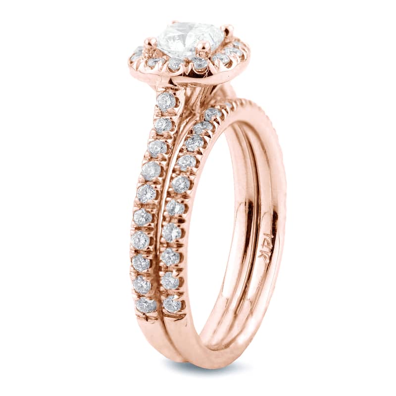 Auriya 14k Rose Gold 1 carat TW Cushion-cut Halo Diamond Engagement Ring Set