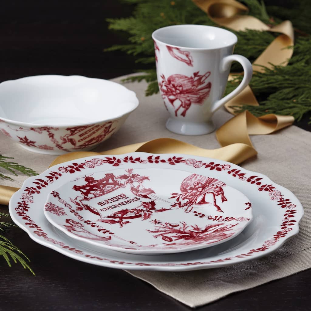 BonJour Dinnerware Yuletide Garland Print 4-piece Porcelain Stoneware Fluted Dinner Plate Set