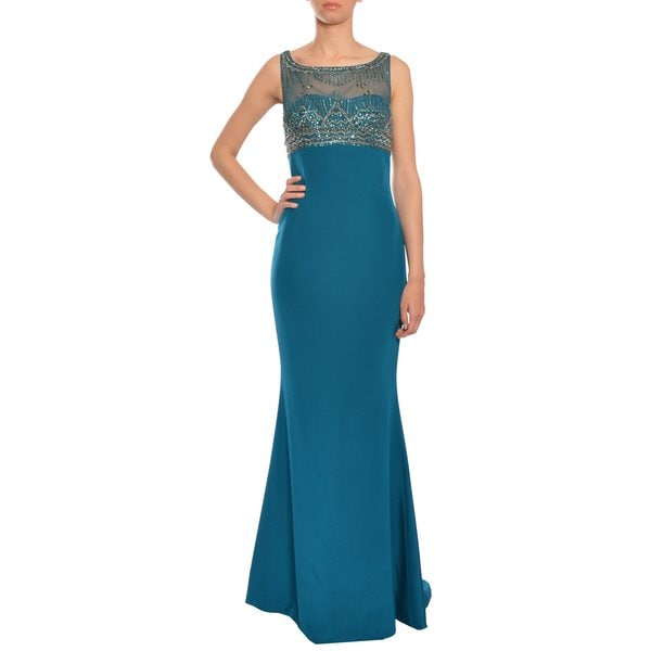 Marchesa Notte Womens Elegant Dark Teal Silk Beaded Illusion Evening