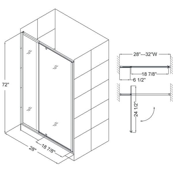 dimension image slide 0 of 3, DreamLine Flex 32 in. D x 32 in. W x 74 3/4 in. H Pivot Shower Door and Shower Base Kit - 32" x 32"