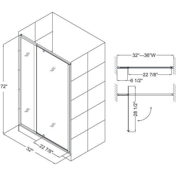 dimension image slide 0 of 3, DreamLine Flex 36 in. D x 36 in. W x 74 3/4 in. H Pivot Shower Door and Shower Base Kit - 36" x 36"
