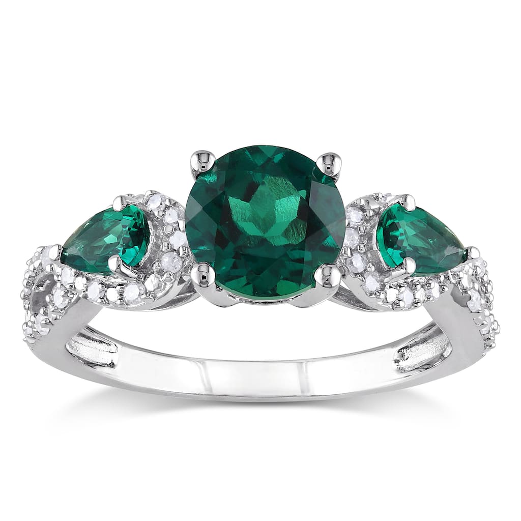Miadora Silver Created Emerald and 1/6ct TDW Diamond 3-stone Ring (H-I, I2-I3)
