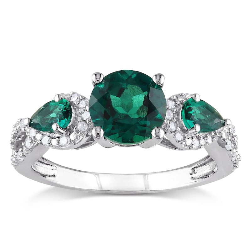 Miadora Silver Created Emerald and 1/6ct TDW Diamond 3-stone Ring (H-I, I2-I3) - 6