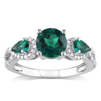 Miadora Silver Created Emerald and 1/6ct TDW Diamond 3-stone Ring (H-I, I2-I3)