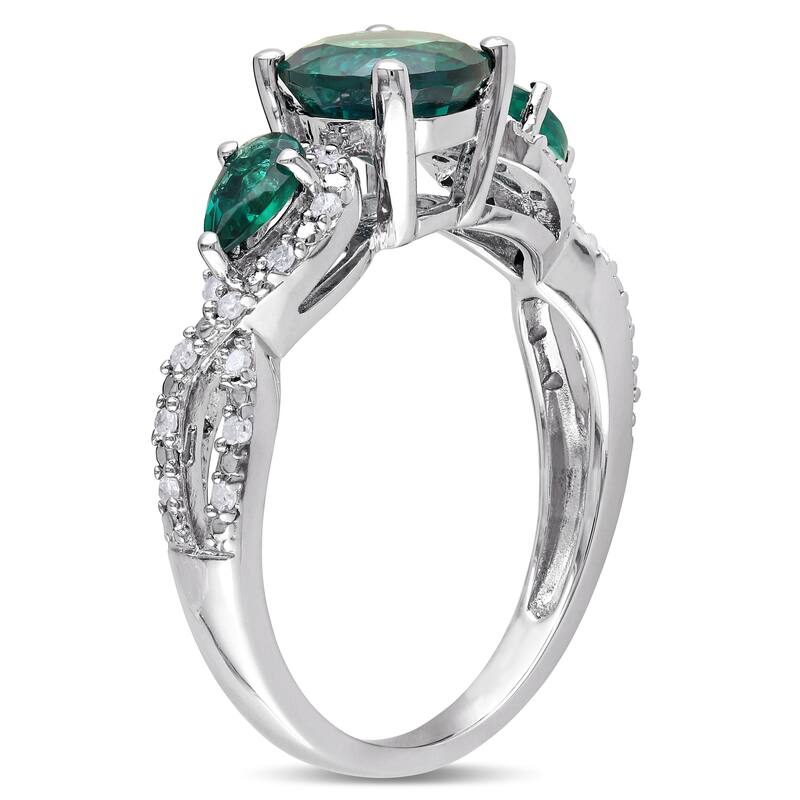 Miadora Silver Created Emerald and 1/6ct TDW Diamond 3-stone Ring (H-I, I2-I3)