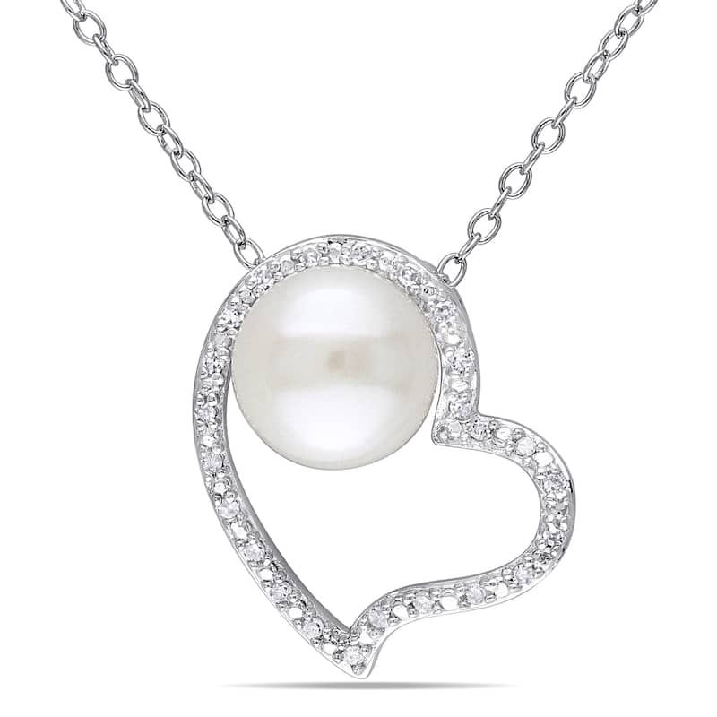 Miadora Sterling Silver Pearl and 1/10ct TDW Diamond Heart Necklace (H-I, I2-I3) (8-8.5 mm)
