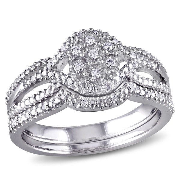 Miadora Sterling Silver 1/7ct TDW Diamond Cluster Split Shank Bridal Ring Set