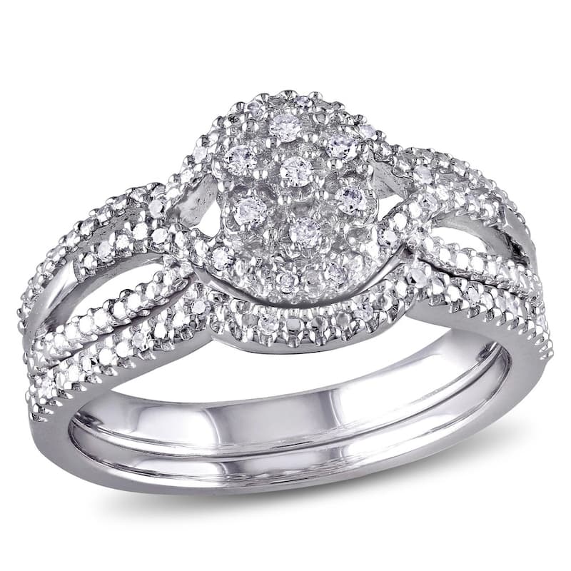 Miadora Sterling Silver 1/7ct TDW Diamond Cluster Split Shank Bridal Ring Set - 5