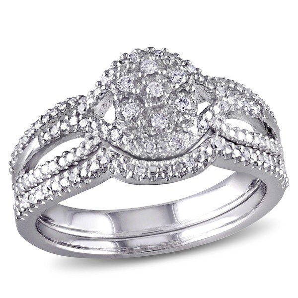Miadora Sterling Silver 1/7ct TDW Diamond Cluster Split Shank Bridal Ring Set