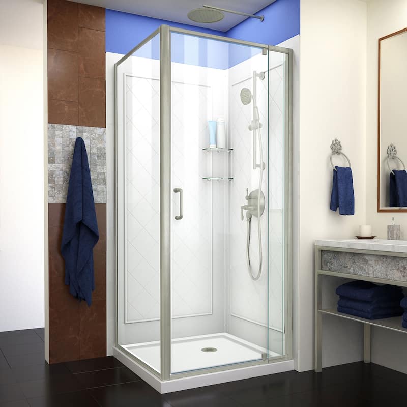 DreamLine Flex 36 in. D x 36 in. W x 76 3/4 in. H Pivot Shower Enclosure, Shower Base and Backwall Kit - 36" x 36" - Brushed Nickel Finish