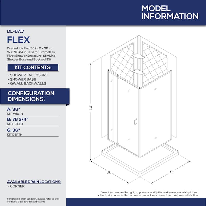DreamLine Flex 36 in. D x 36 in. W x 76 3/4 in. H Pivot Shower Enclosure, Shower Base and Backwall Kit - 36" x 36"
