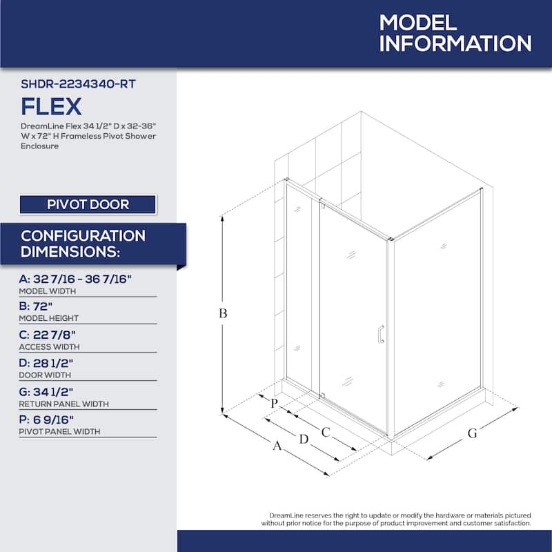 DreamLine Flex 36 in. D x 36 in. W x 76 3/4 in. H Pivot Shower Enclosure, Shower Base and Backwall Kit - 36" x 36"