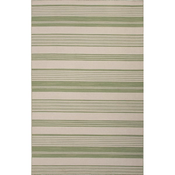 Flat Weave Stripe Pattern Green/ Ivory Wool Area Rug (8 x 10)