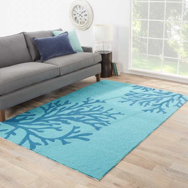 Neptune Indoor/ Outdoor Floral Teal/ Blue Area Rug (5' X 7'6") Free