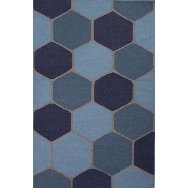 Flat Weave Geometric Pattern Blue/ Grey Wool Area Rug (4' x 6