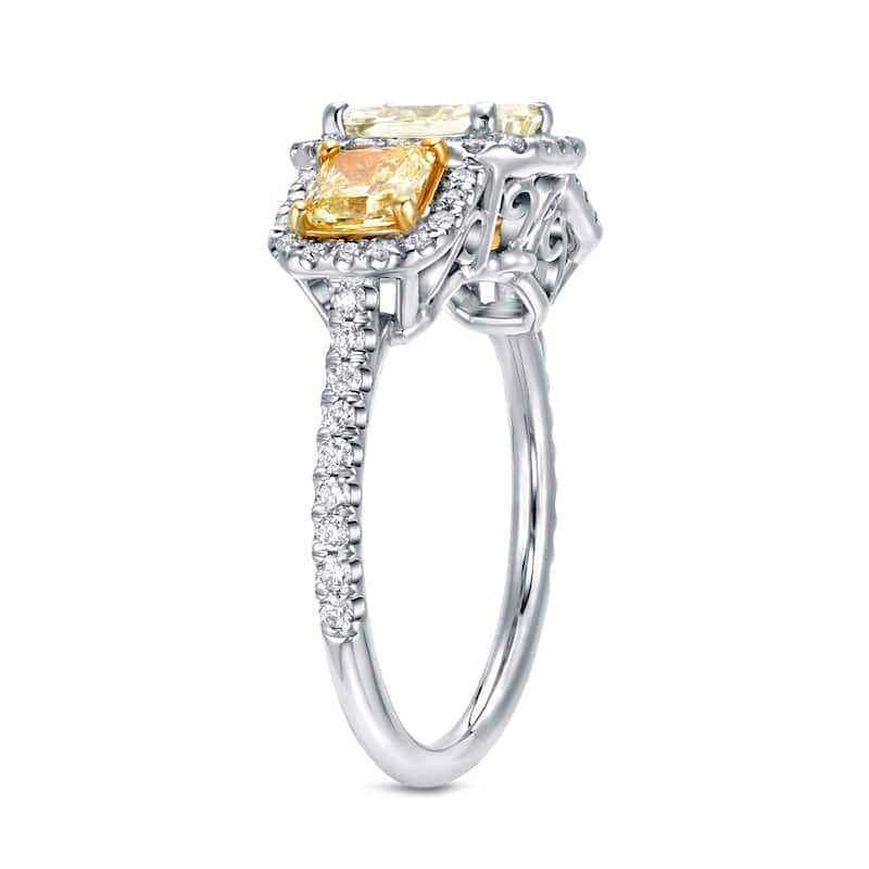 Auriya 2 1/4ct TDW Yellow Radiant Cut 3 Stone Halo Diamond Engagement Ring 14k White Gold Certified