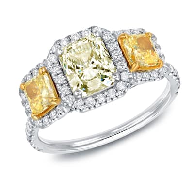 Auriya 2 1/4ct TDW Yellow Radiant Cut 3 Stone Halo Diamond Engagement Ring 14k White Gold Certified