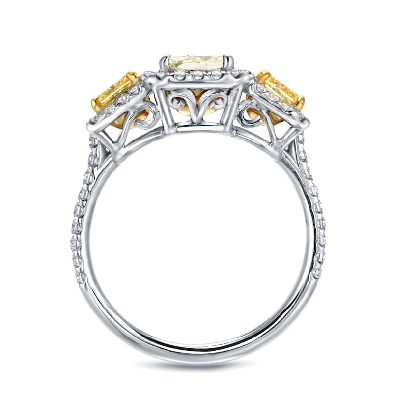 Auriya 2 1/4ct TDW Yellow Radiant Cut 3 Stone Halo Diamond Engagement Ring 14k White Gold Certified