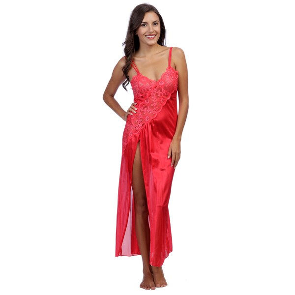Womens Romance Selections Red Lace Trim Long Gown with Side slit