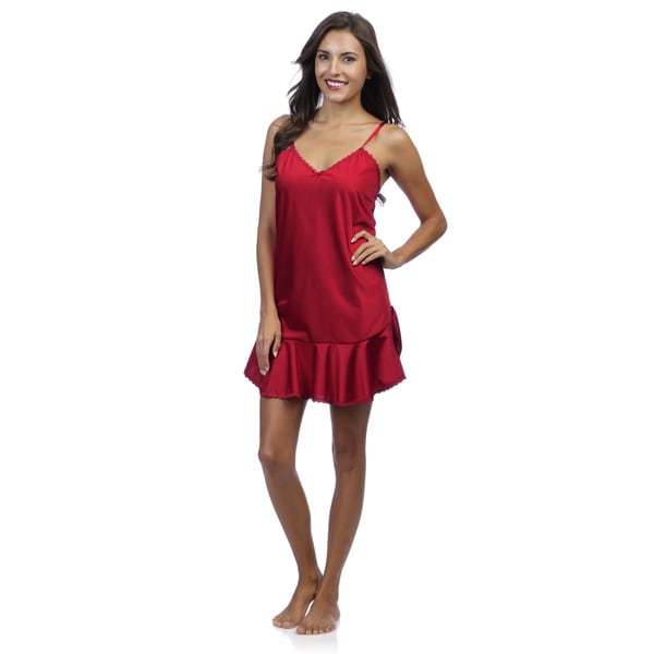 Romance Selections Womens Red Satin Chemise with Lace Trim