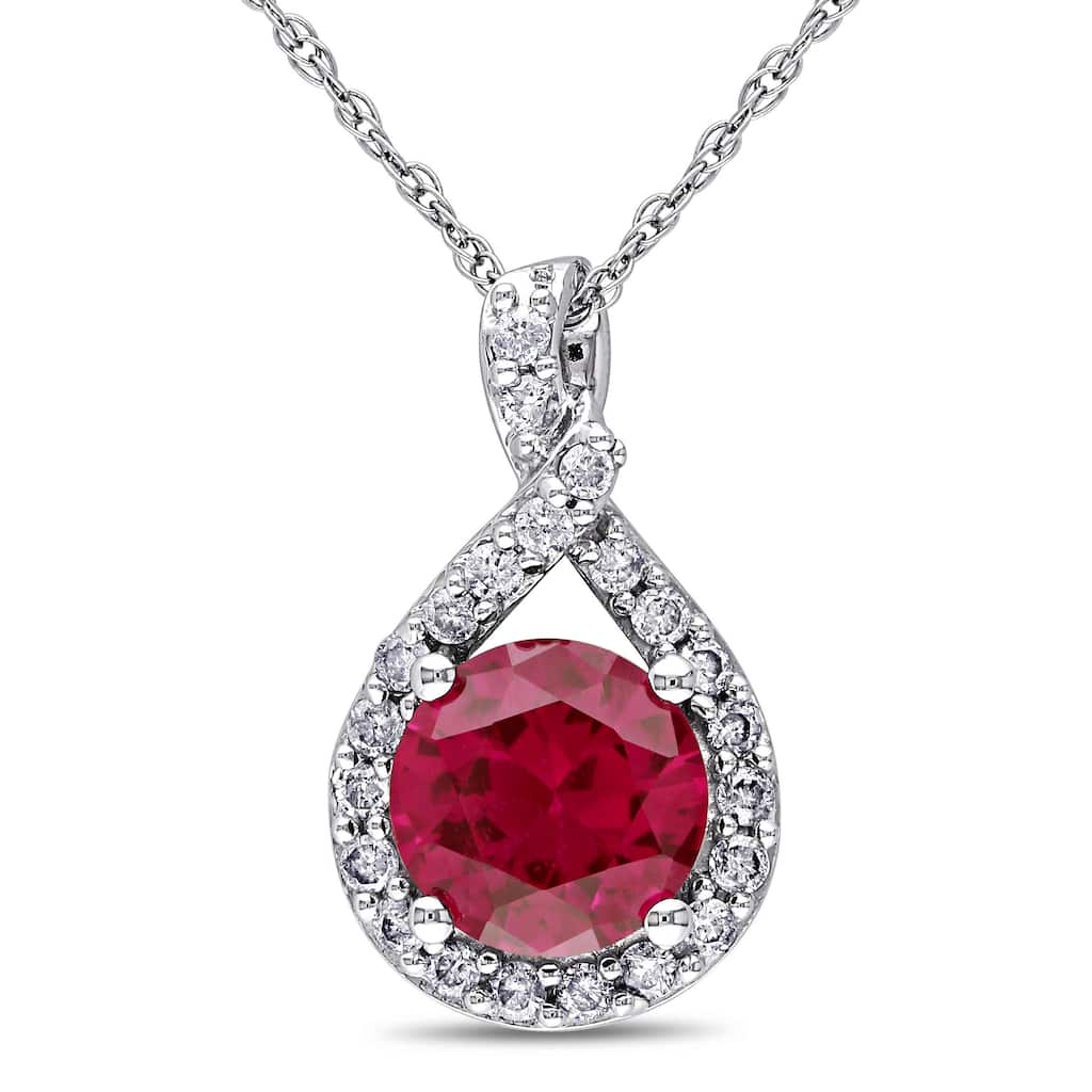 Miadora 10k White Gold Created Ruby and 1/5ct TDW Diamond Necklace (H-I, I2-I3) - Red