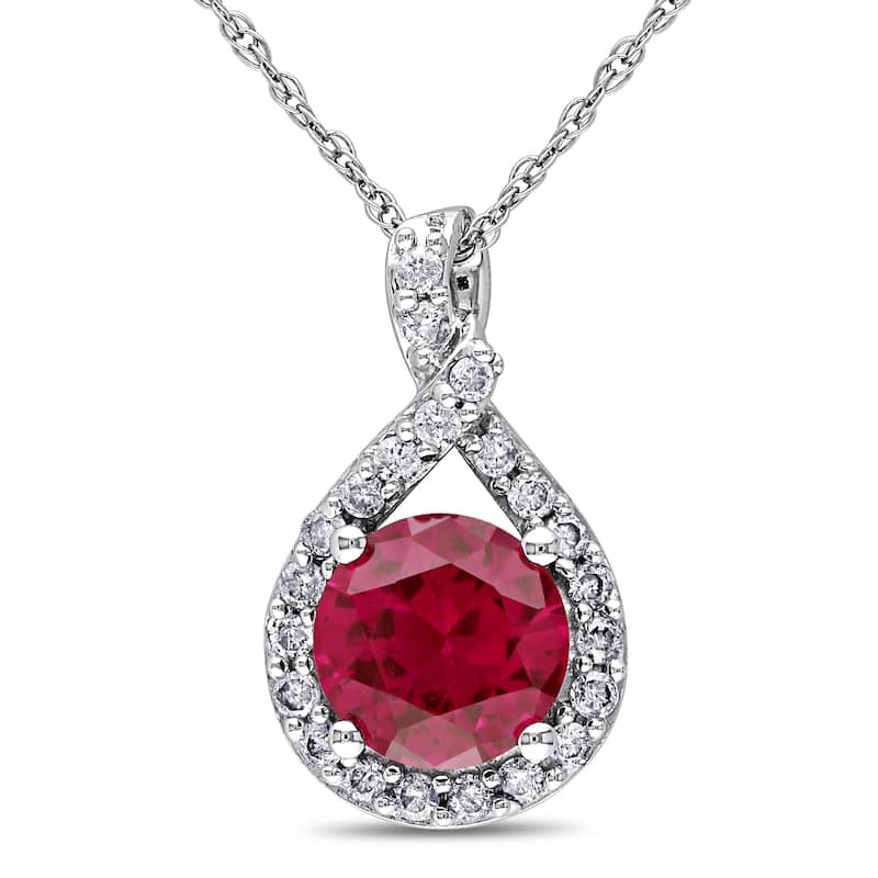 Miadora 10k White Gold Created Ruby and 1/5ct TDW Diamond Necklace (H-I, I2-I3) - Red