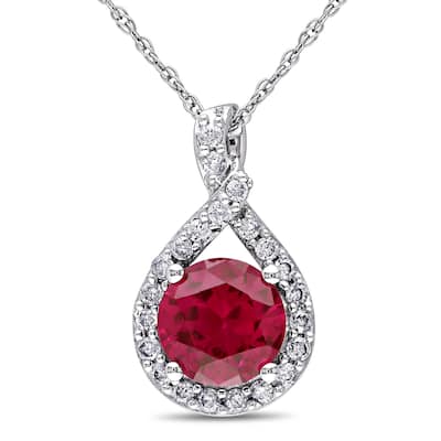 Miadora 10k White Gold Created Ruby and 1/5ct TDW Diamond Necklace (H-I, I2-I3) - Red