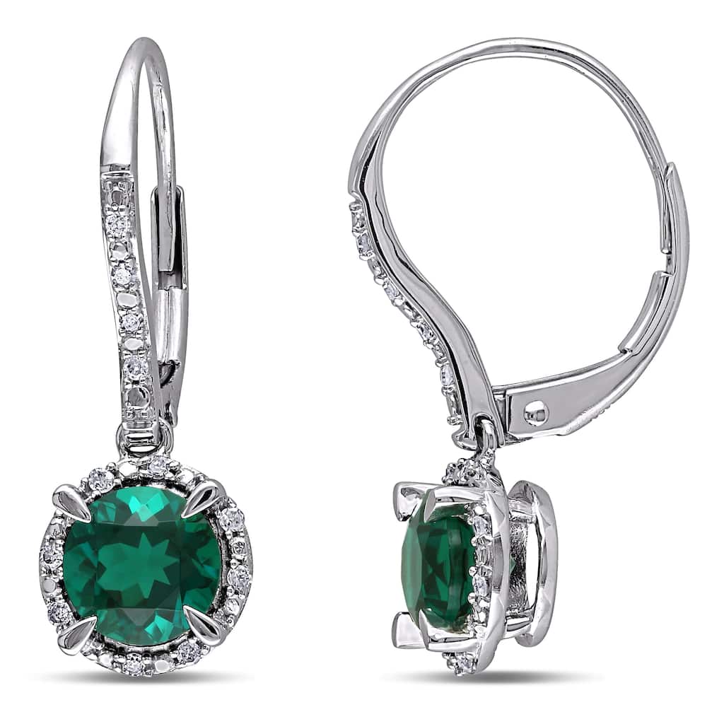 Miadora 10k White Gold Created Emerald and 1/10ct TDW Diamond Earrings (H-I, I2-I3)