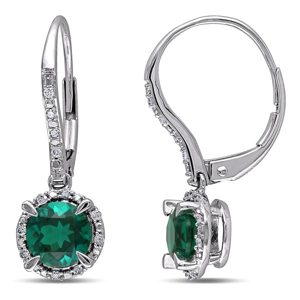 Miadora 10k White Gold Created Emerald and 1/10ct TDW Diamond Earrings