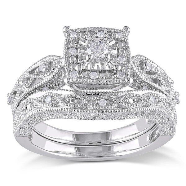 Miadora Sterling Silver 1/5ct TDW Diamond Milgrain Bridal Ring Set ...