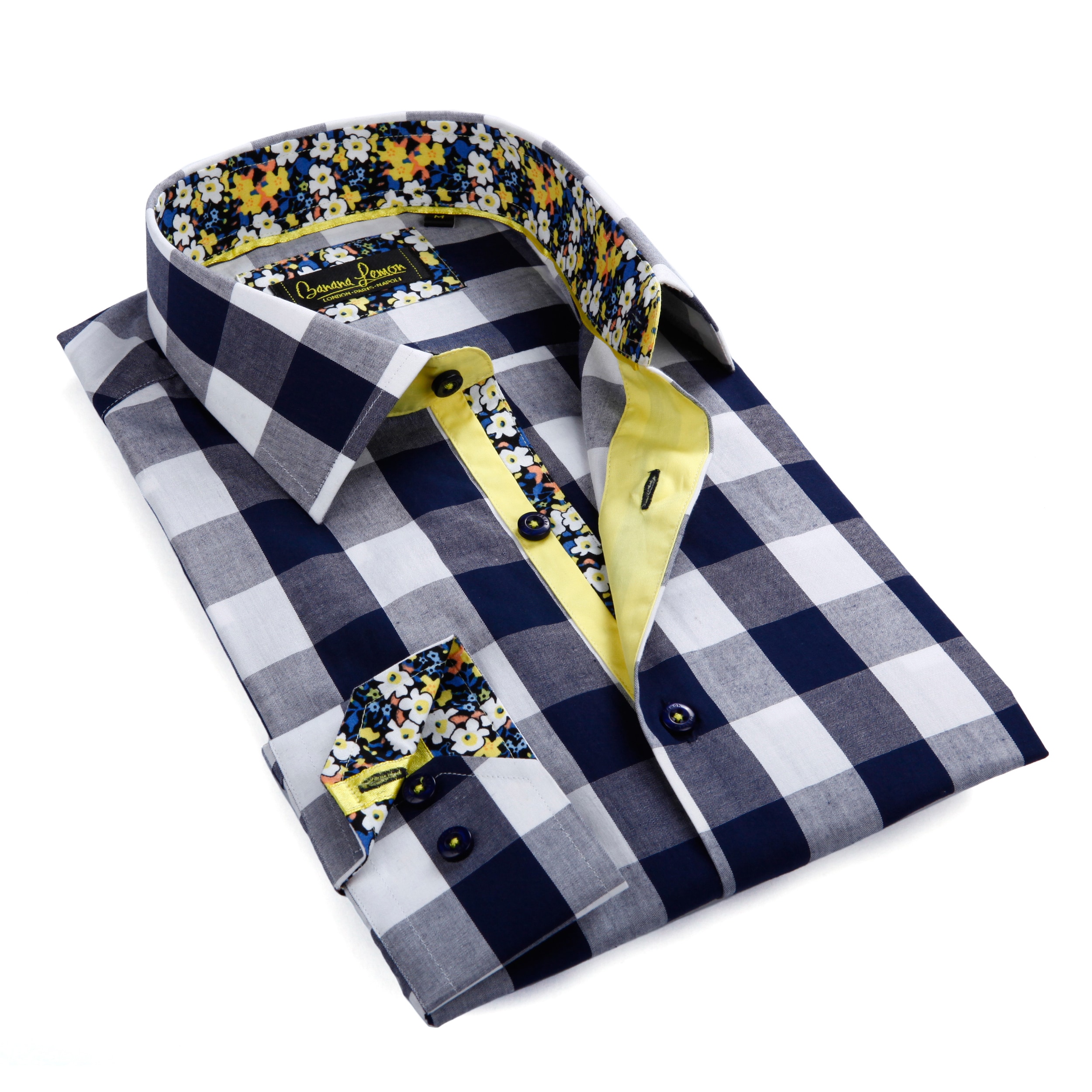 Banana Lemon Mens Blue and White Gingham Button down Shirt