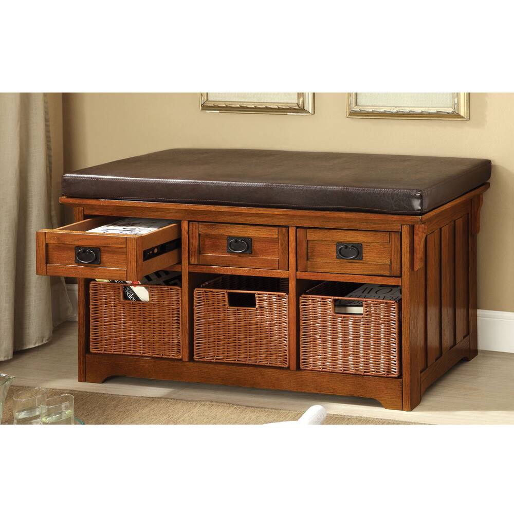 Furniture of America Veon Rustic Oak Faux Leather Storage Bench