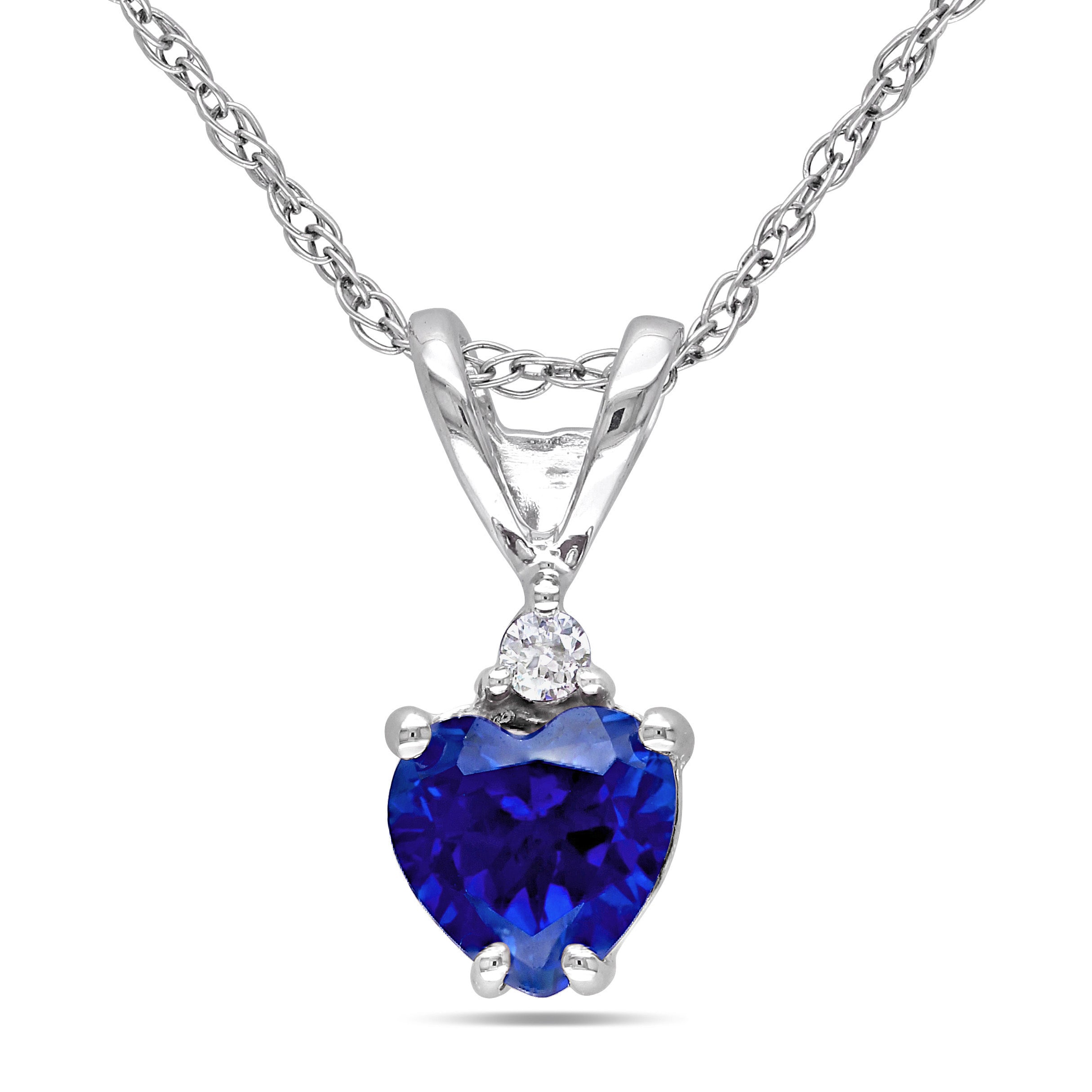 Heart Shape Sapphire Gemstone Birthstone Diamond Pendant Necklace 10k White Gold