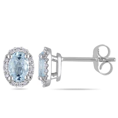 Miadora 10k White Gold Aquamarine and 1/10ct TDW Diamond Oval Earrings (H-I, I2-I3)