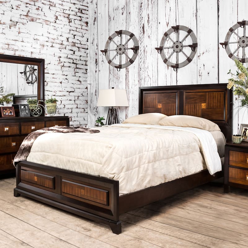 Furniture of America Wigh Rustic Walnut Solid Wood Panel Bed - King