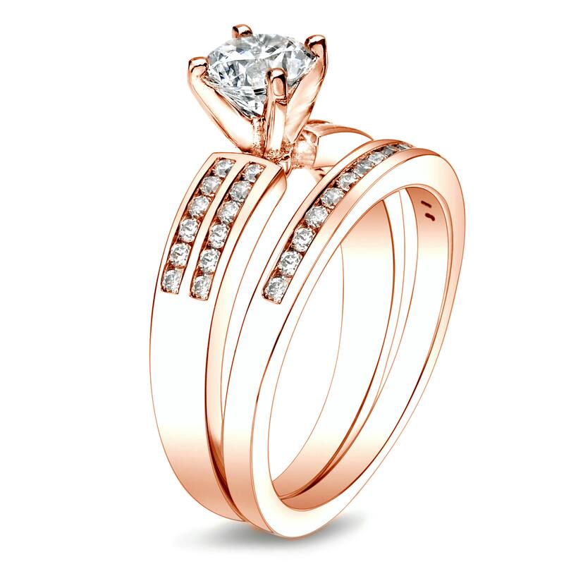Auriya 14k Rose Gold 1ctw Round Diamond Engagement Ring Set