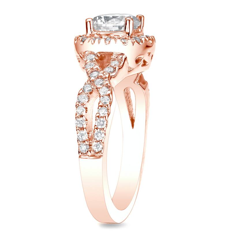 Auriya 14k Rose Gold 1ctw Twisted Round Halo Diamond Engagement Ring