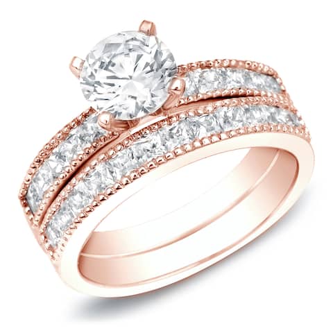 Auriya 14k Rose Gold 2ctw Round Diamond Engagement Ring Set Certified