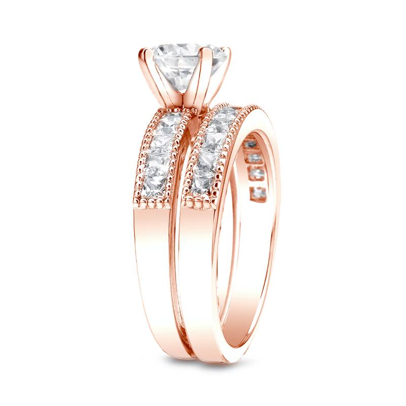 Auriya 14k Rose Gold 2ctw Round Diamond Engagement Ring Set Certified