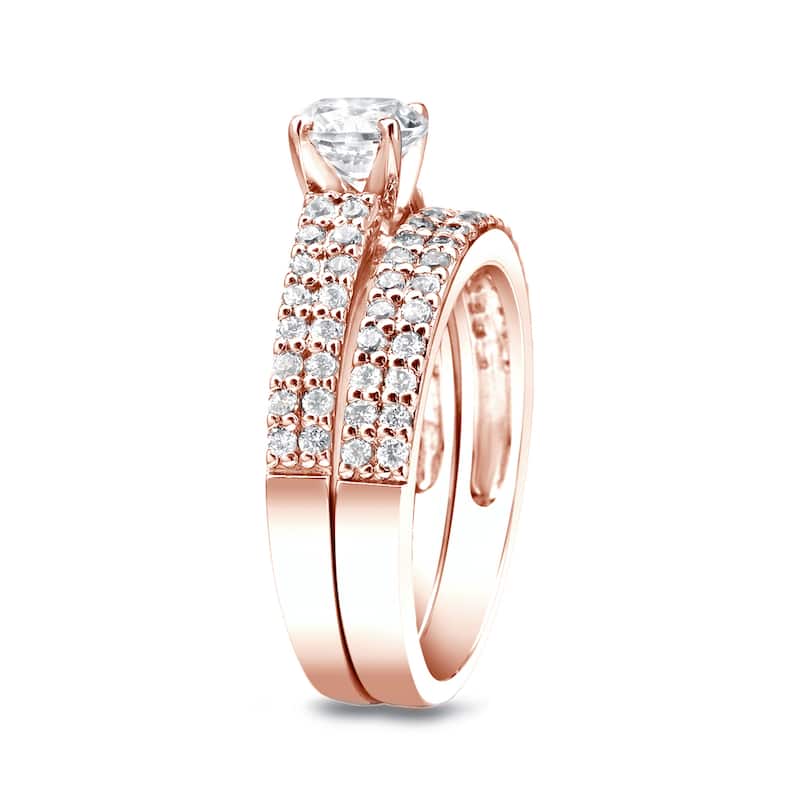 Auriya 14k Rose Gold 1 1/2ctw Double Pave Diamond Engagement Ring Set Certified