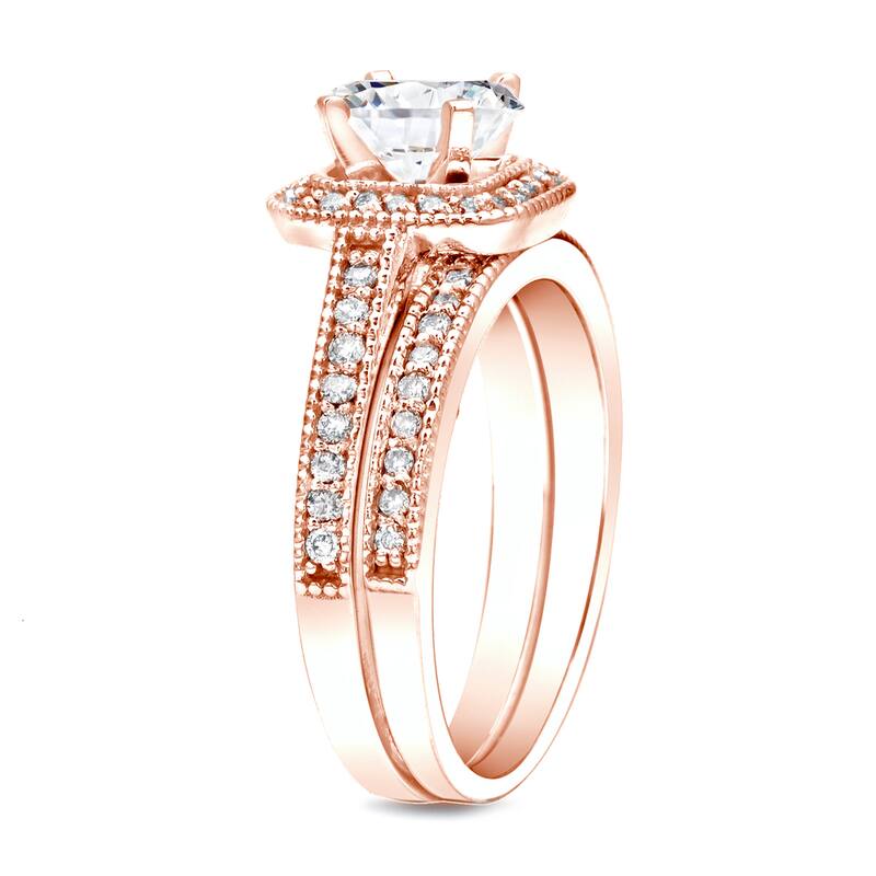 Auriya 14k Rose Gold 1 carat TW Vintage Halo Diamond Engagement Ring Set