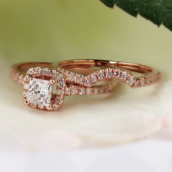 Auriya 14k Rose Gold 1 1/5ct TDW Princess-cut Halo Diamond Engagement Ring Set